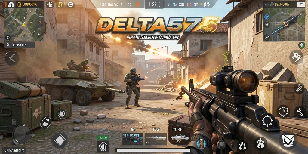 Screenshot gameplay DELTA575 dengan pertempuran intens dan grafis menawan.