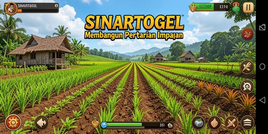 Screenshot gameplay SINARTOGEL menampilkan ladang yang subur dan hewan-hewan menggemaskan.